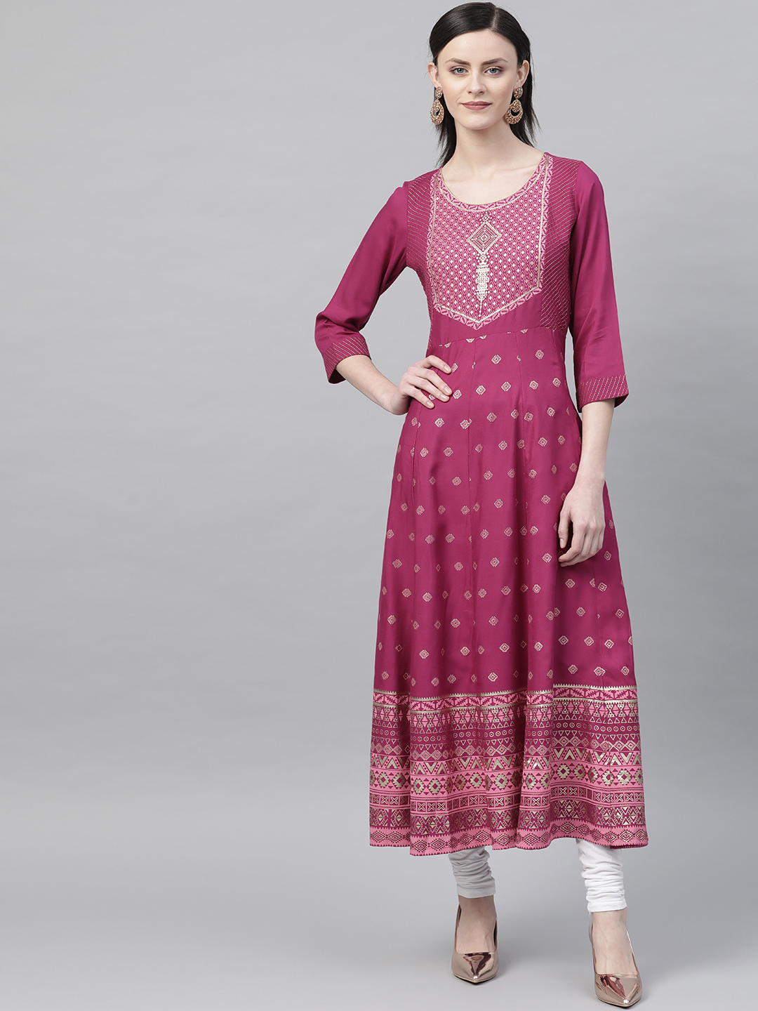 Rangriti Women Magenta & Golden Foil Print Anarkali Kurta Price in India