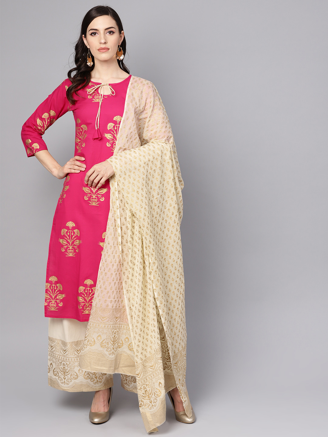 Nayo Women Pink & Cream-Coloured Printed Kurta with Palazzos & Dupatta Price in India