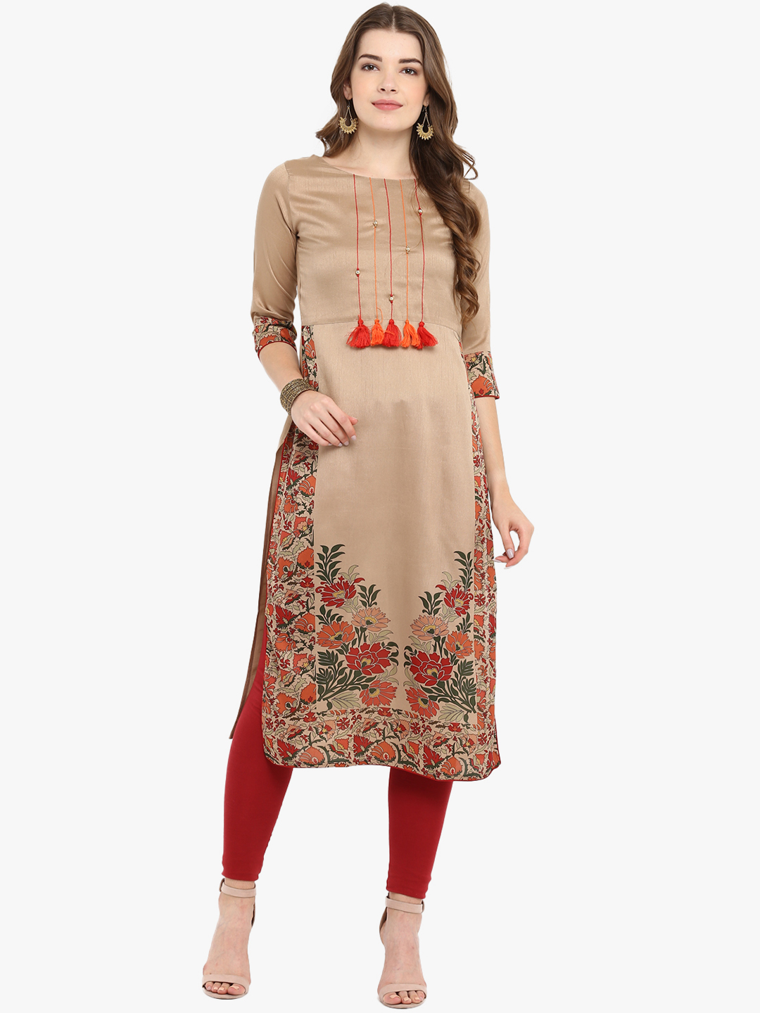 Janasya Women Brown Printed Straight Kurta Price in India