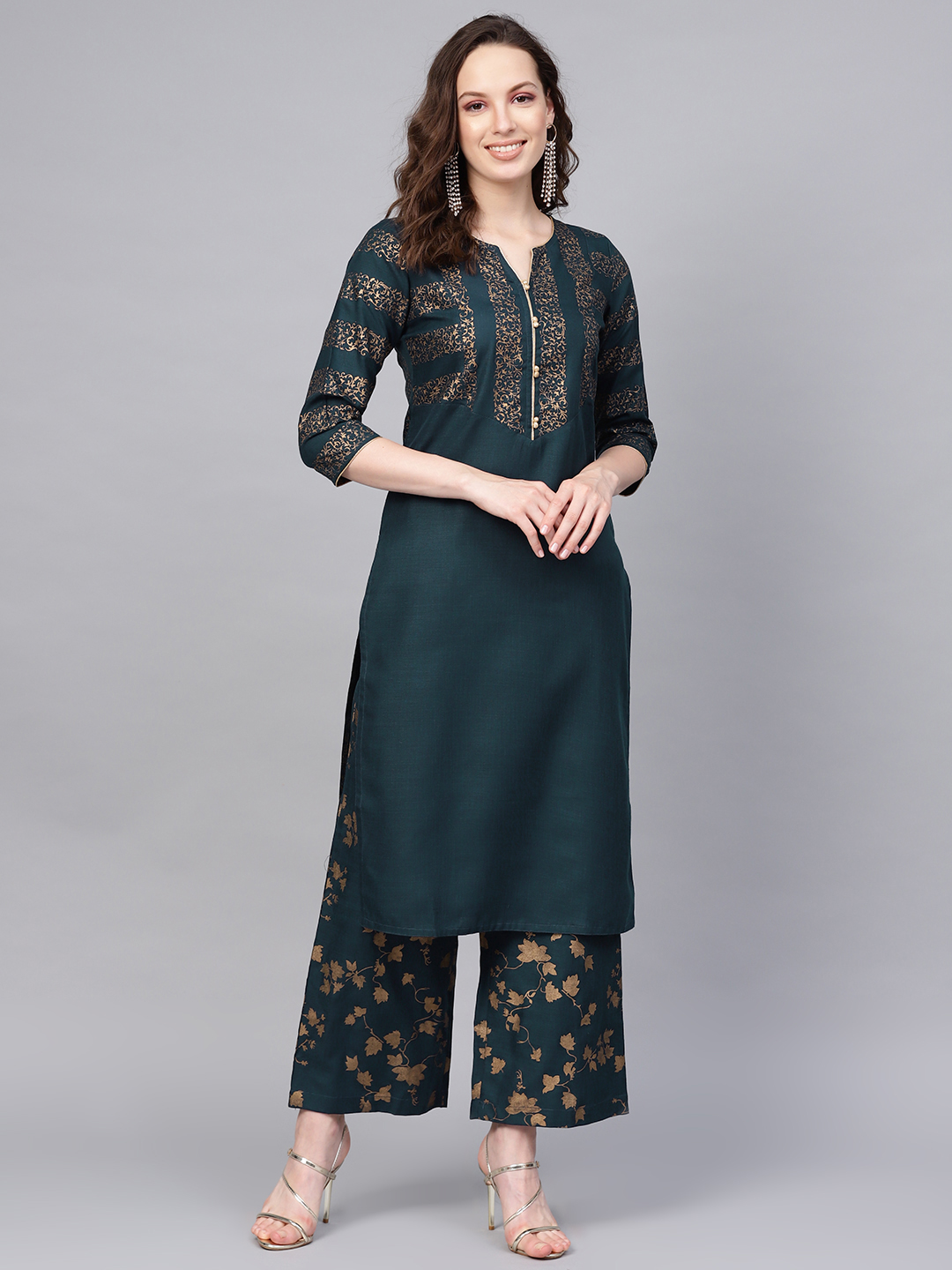 Jaipur Kurti Women Navy Blue & Golden Yoke Design Kurta with Palazzos ...