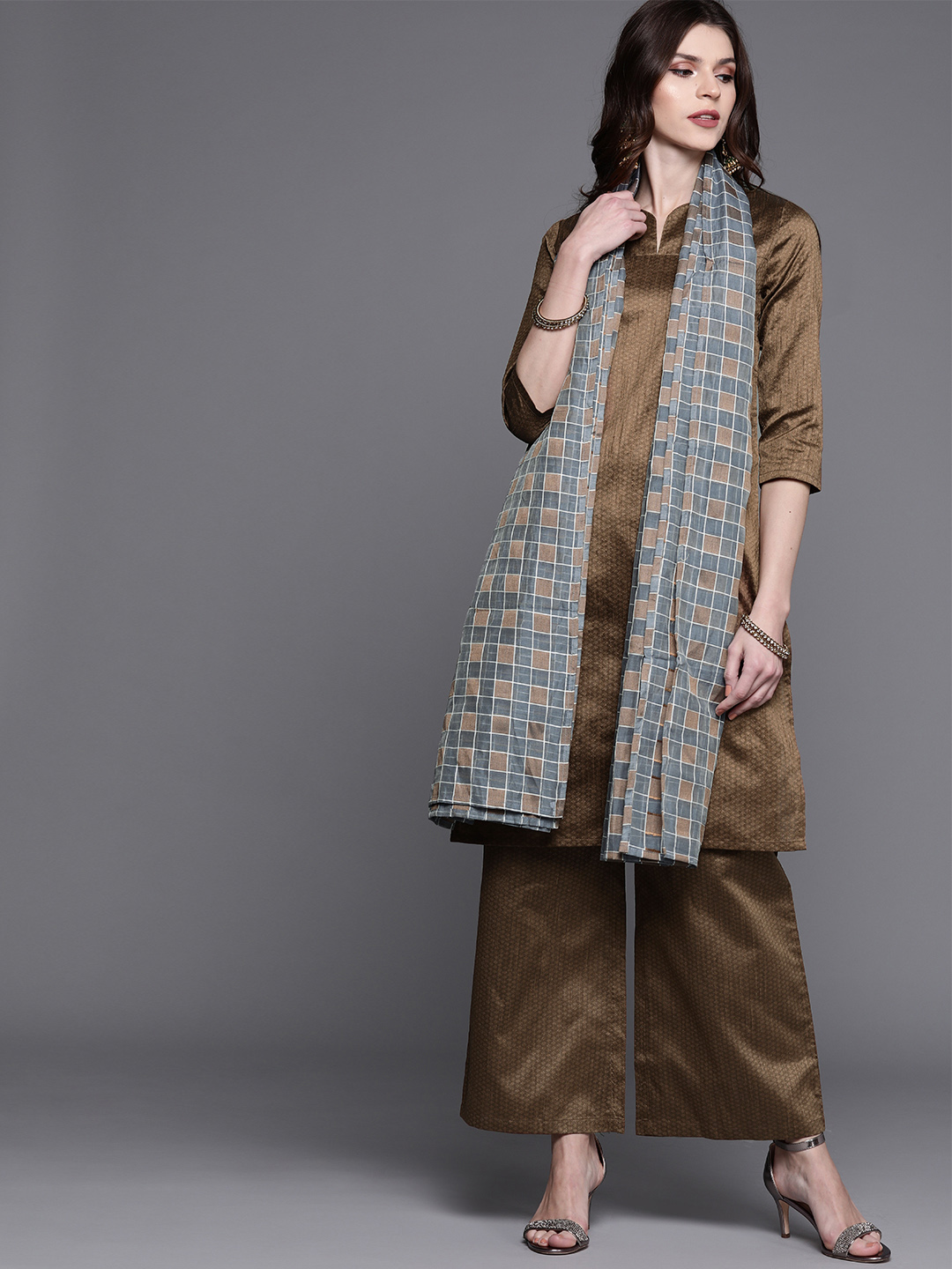 AKS Couture Women Brown Self Design Kurta with Palazzos & Dupatta Price in India