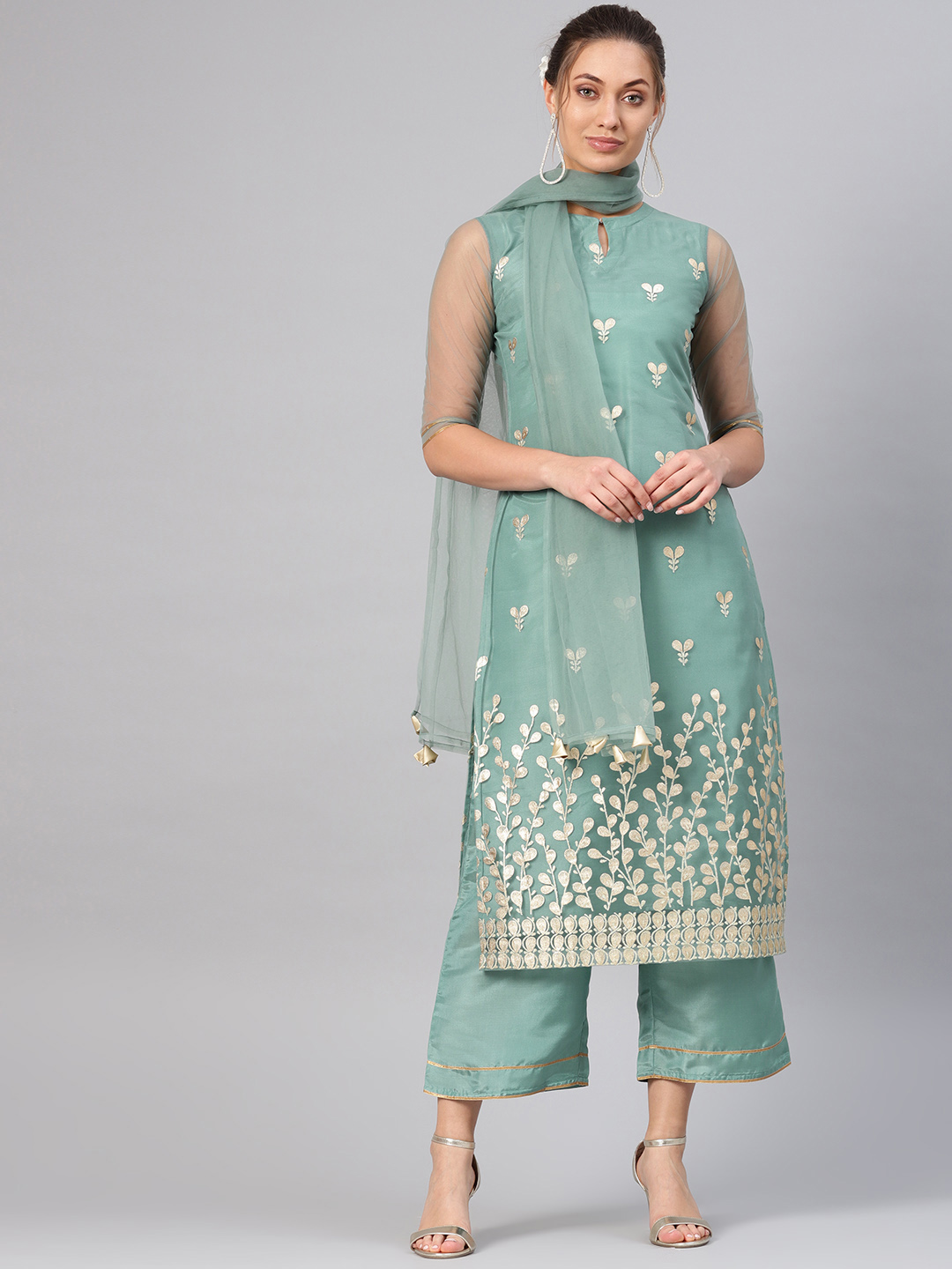 Libas Women Green & Golden Block Print Kurta with Palazzos & Dupatta Price in India