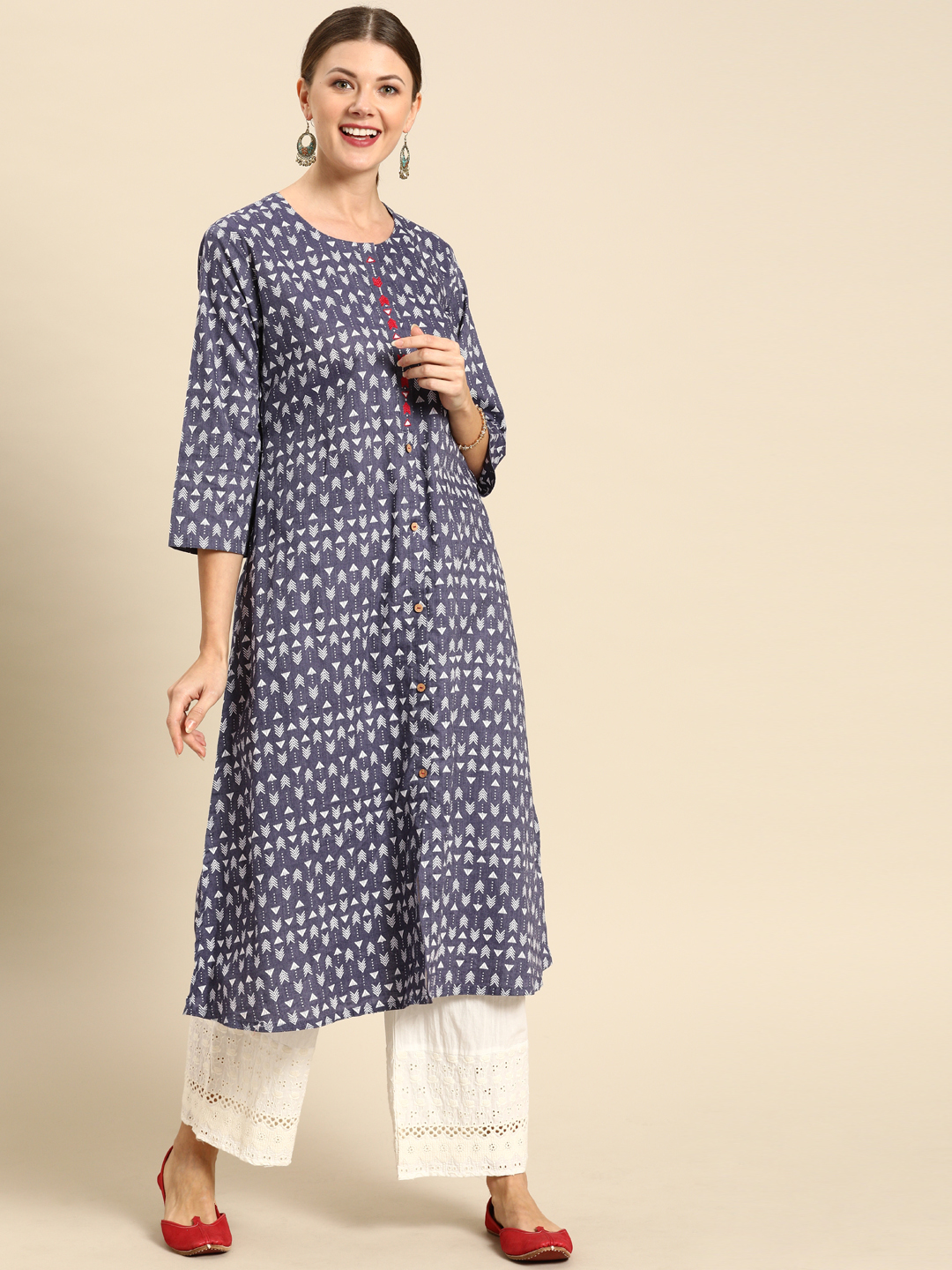 Soch Women Blue & White Printed A-Line Kurta Price in India