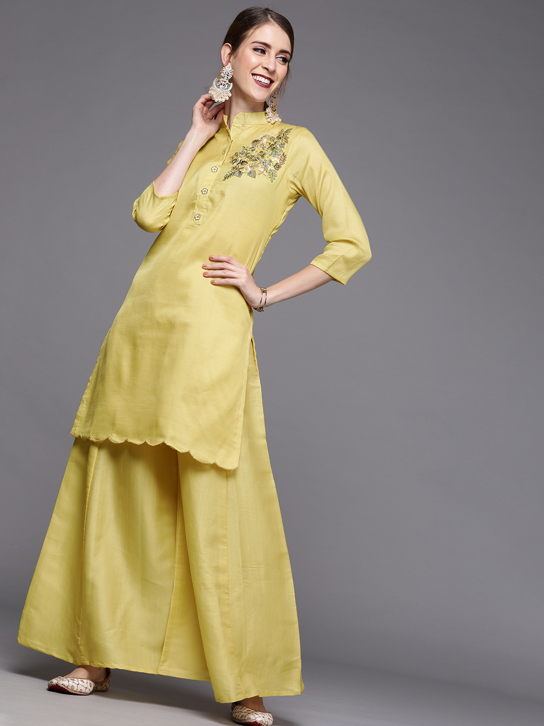 Inddus Women Yellow Embroidered Kurta with Palazzos Price in India