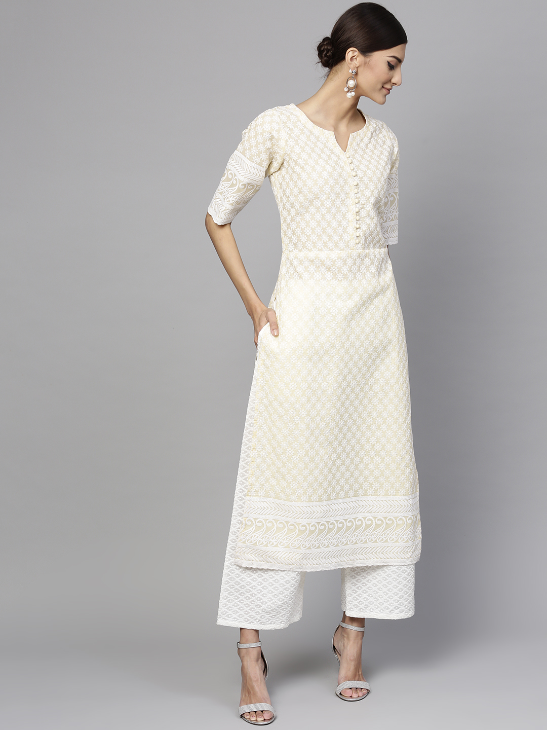 Libas Women Beige & White Embroidered Kurta with Palazzos Price in India