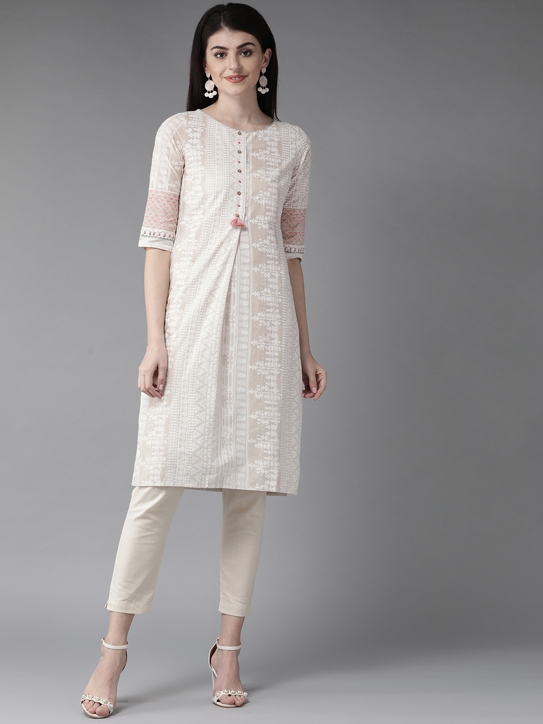 W Women Beige & White Printed Straight Kurta Price in India