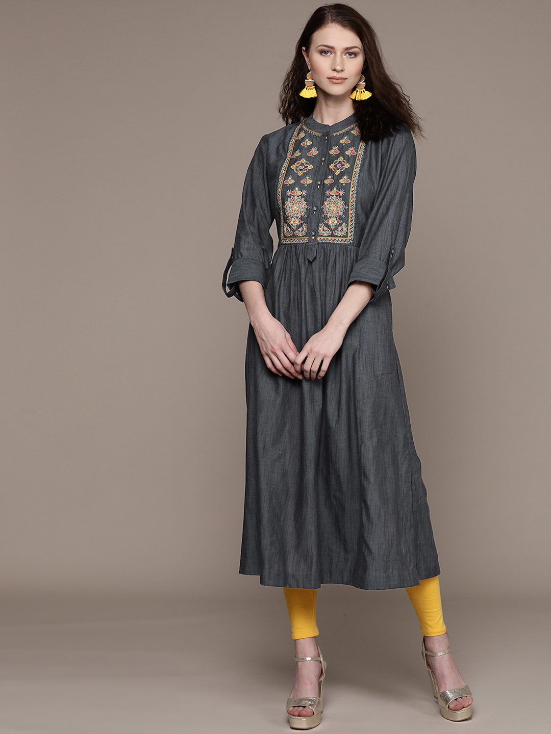 Ritu Kumar Women Charcoal Grey Embroidered Yoke Design A-Line Kurta Price in India