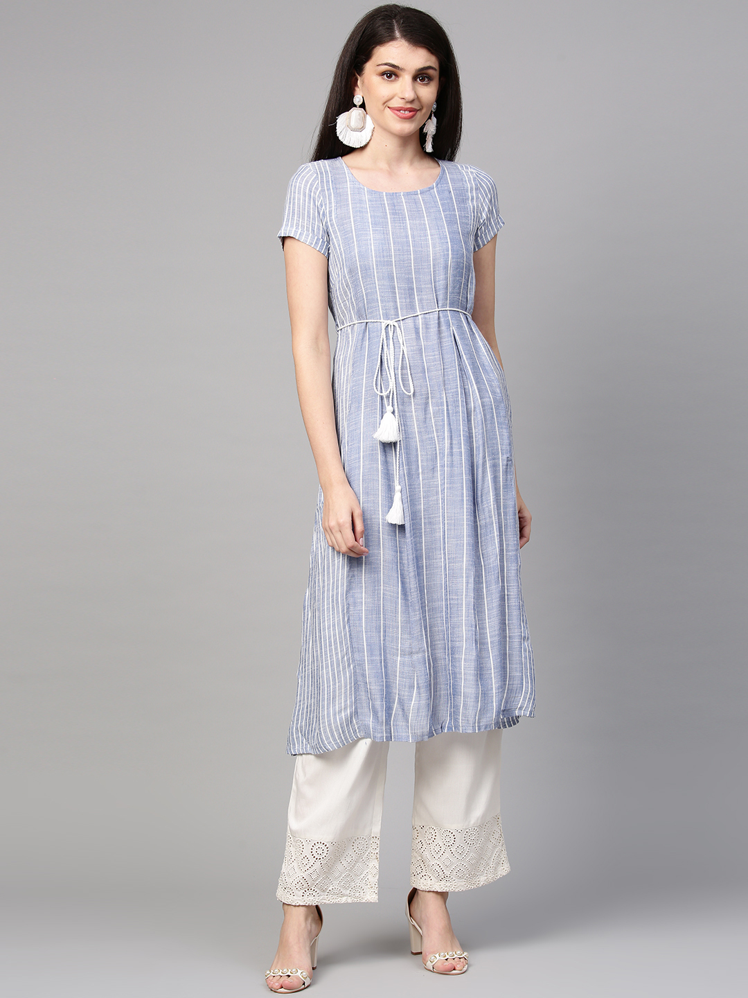 AURELIA Women Blue & White Striped A-Line Kurta Price in India