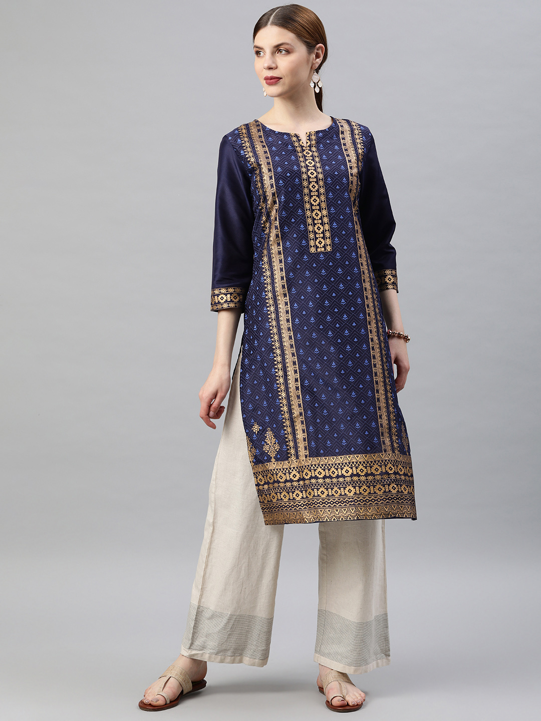 Soch Women Navy Blue Printed Straight Kurta Price in India