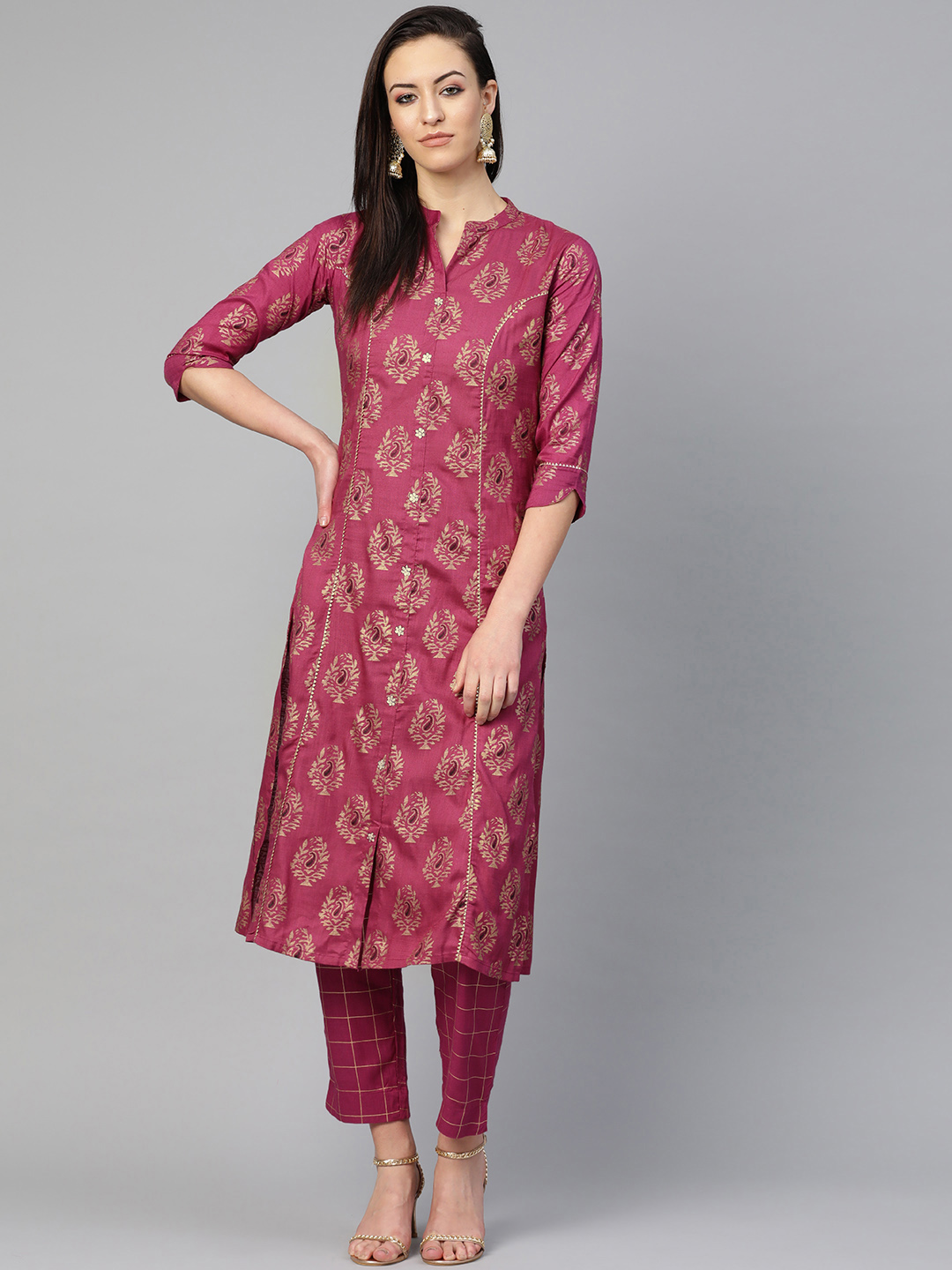 Ishin Women Purple & Golden Foil Printed Kurta with Trousers Price in India