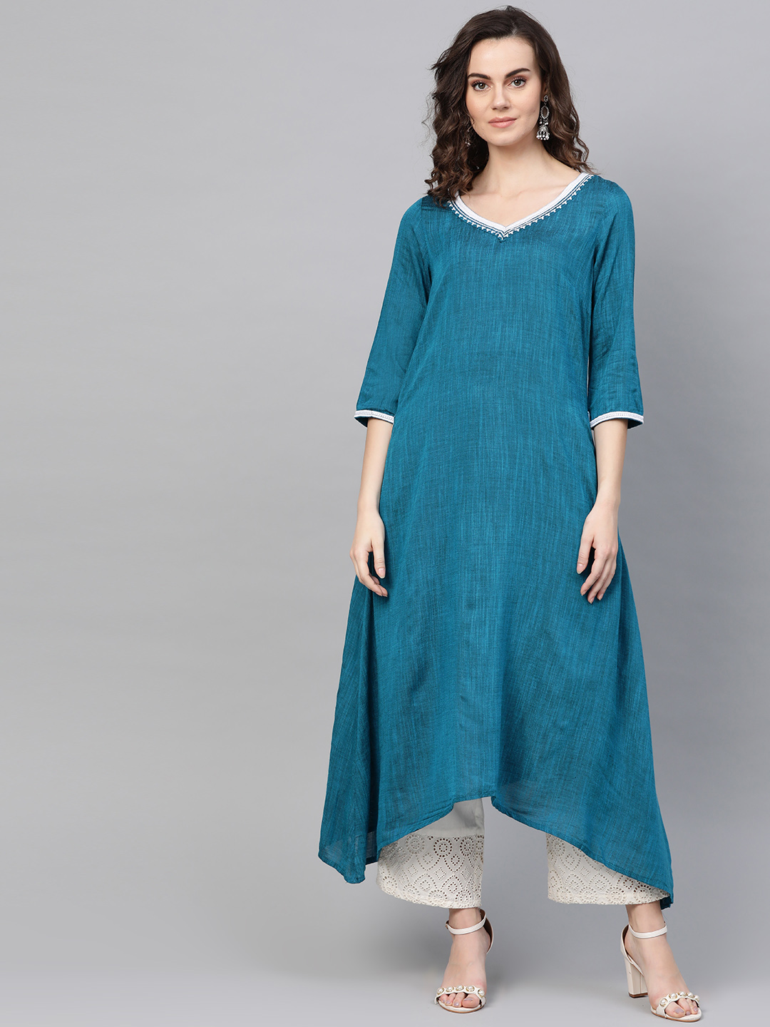 AURELIA Women Blue Yarn Dyed Woven Design A-Line Kurta Price in India