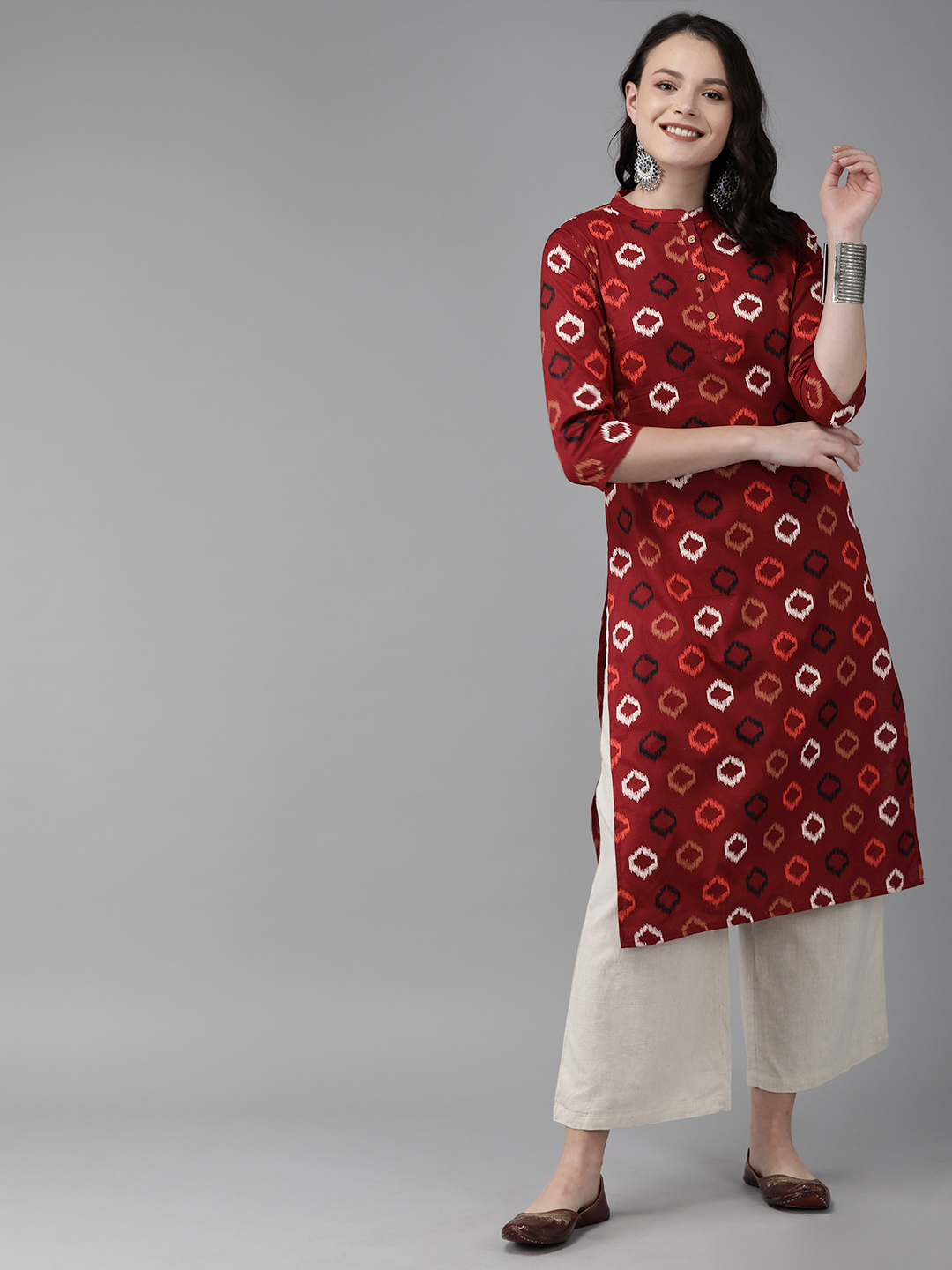 Anouk Women Red & White Printed Straight Kurta Price in India