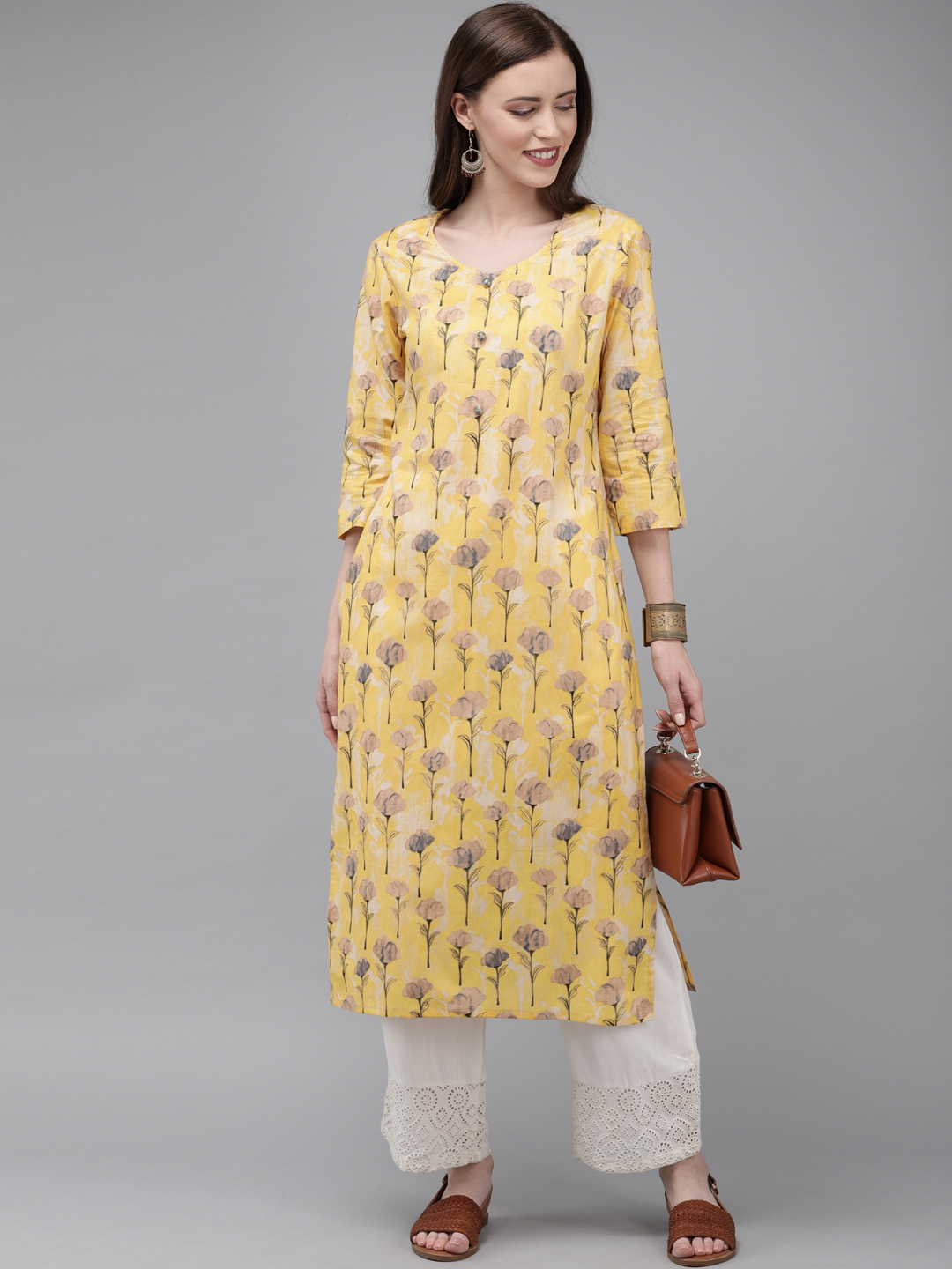 Anouk Women Yellow & Pink Printed Straight Kurta Price in India