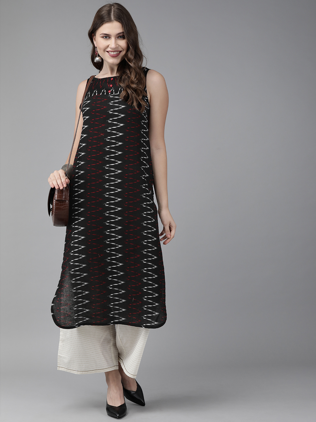 Anouk Women Black & White Printed Straight Kurta Price in India