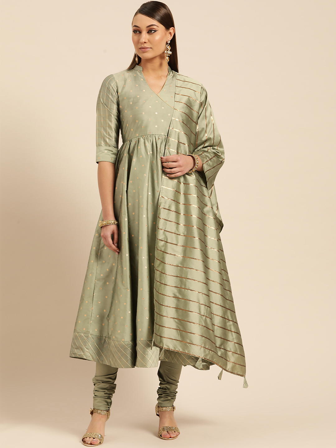 Libas Women Olive Green & Golden Self Design Kurta with Churidar & Dupatta Price in India