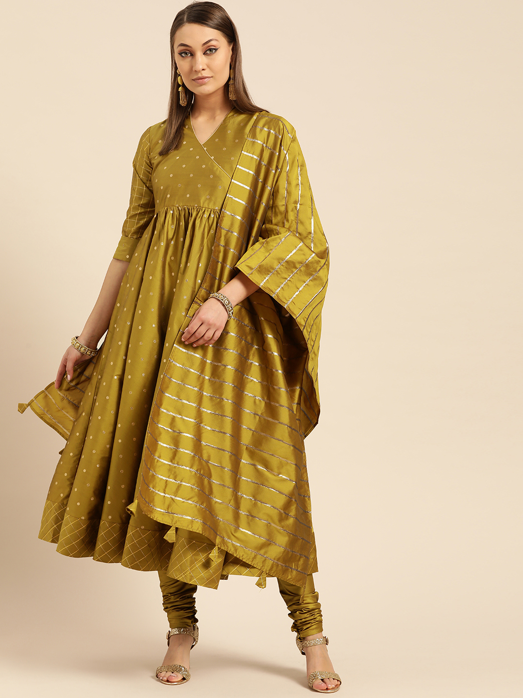 Libas Women Green & Golden Zari Woven Design Angrakha Kurta with Churidar & Dupatta Price in India