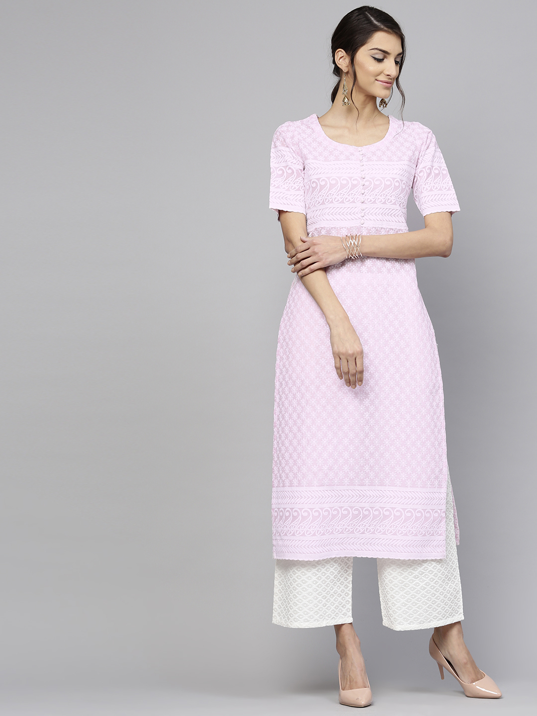 Libas Women Lavender & White Embroidered Kurta with Palazzos Price in India