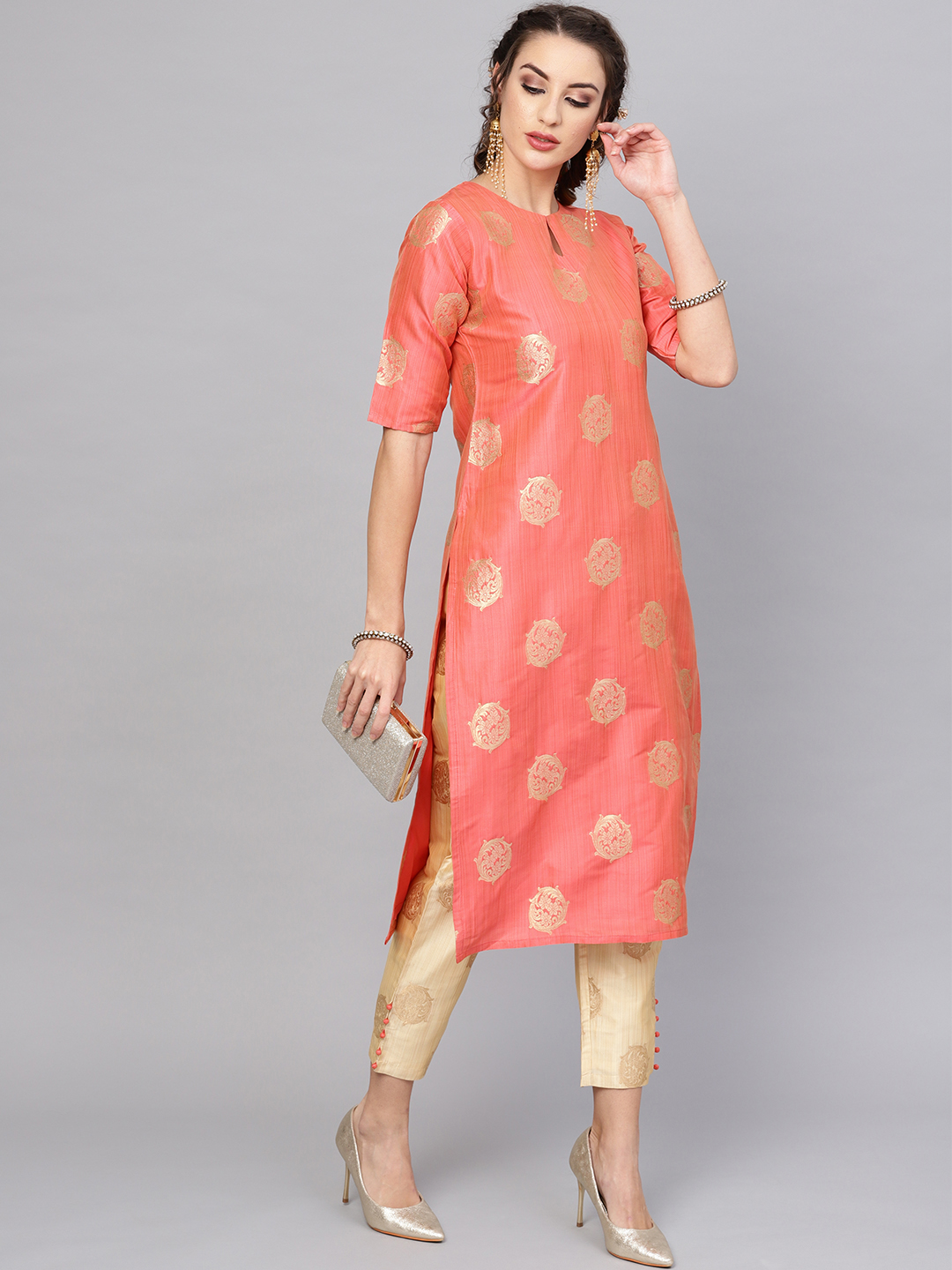 Libas Women Peach-Coloured & Beige Woven Design Kurta with Trousers Price in India