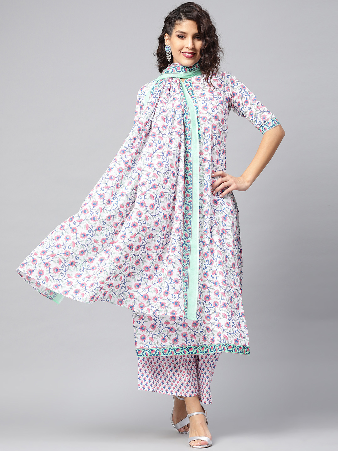 Libas Women White & Blue Printed Kurta with Palazzos & Dupatta Price in India