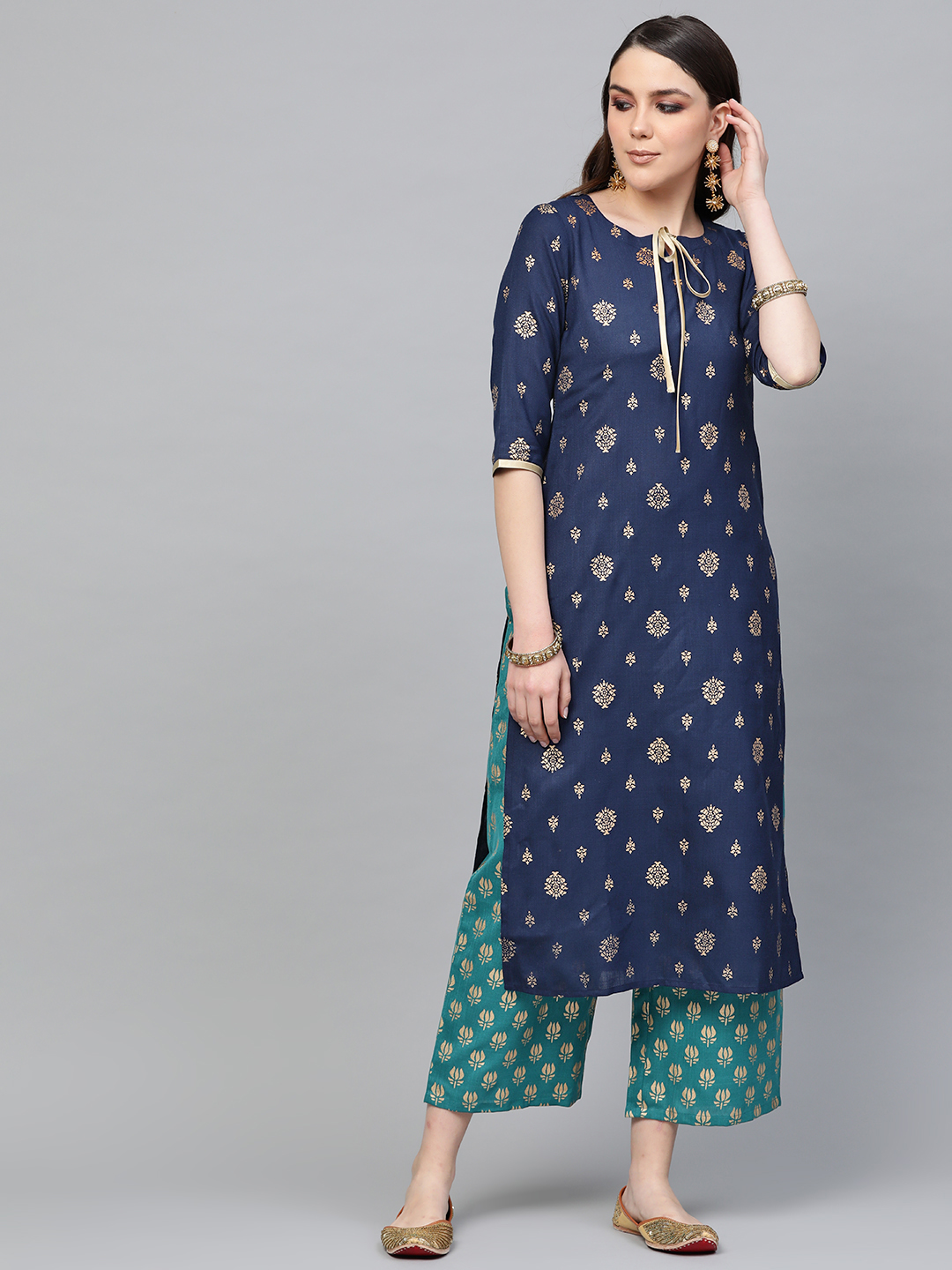 Libas Women Navy Blue & Green Block Print Kurta with Palazzos Price in India