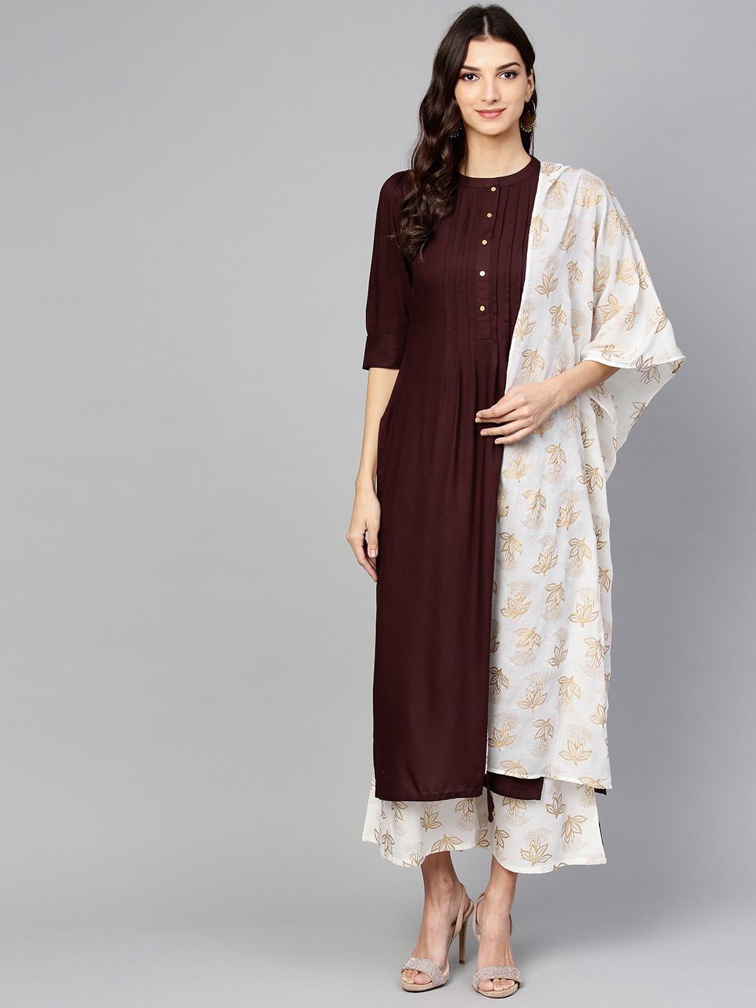 Libas Women Coffee Brown & Off-White Solid Kurta with Palazzos & Dupatta Price in India