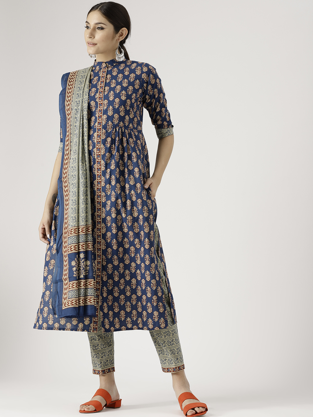 Libas Women Blue & Beige Printed Kurta with Trousers & Dupatta Price in India