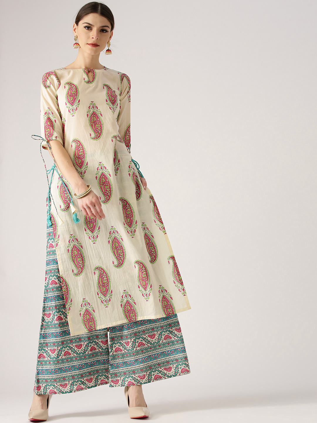 Libas Women Off-White & Pink Printed Kurta with Palazzos Price in India
