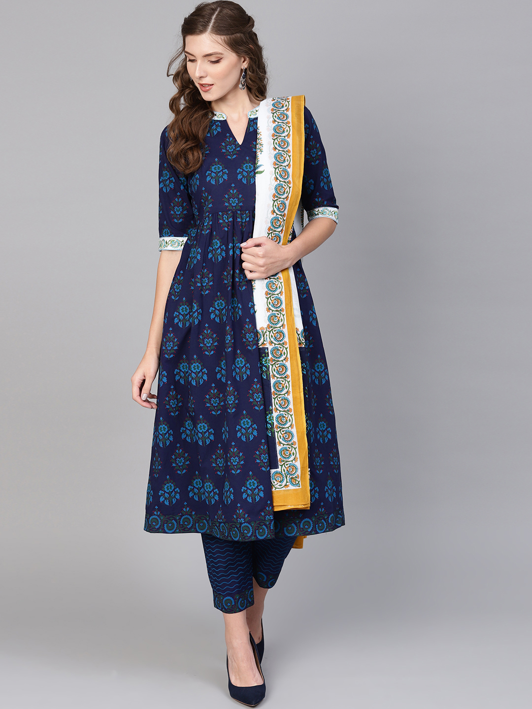 Libas Women Blue & Green Block Print Kurta with Trousers & Dupatta Price in India