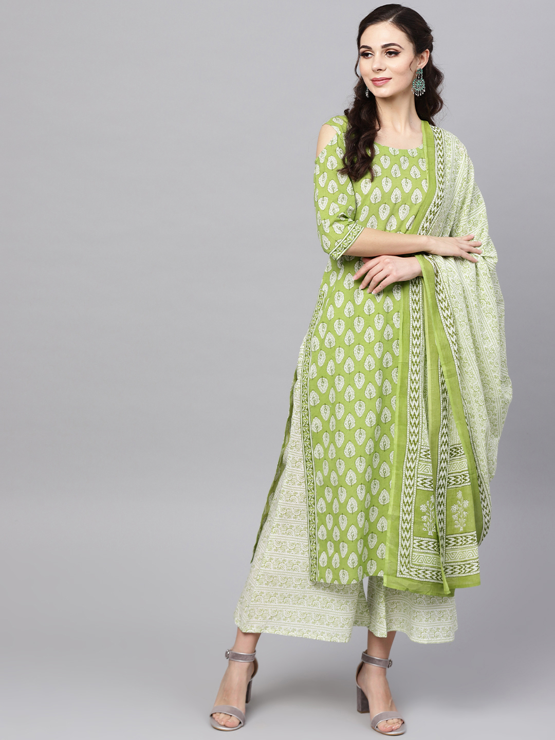 Libas Women Green & Off-White Printed Kurta with Palazzos & Dupatta Price in India