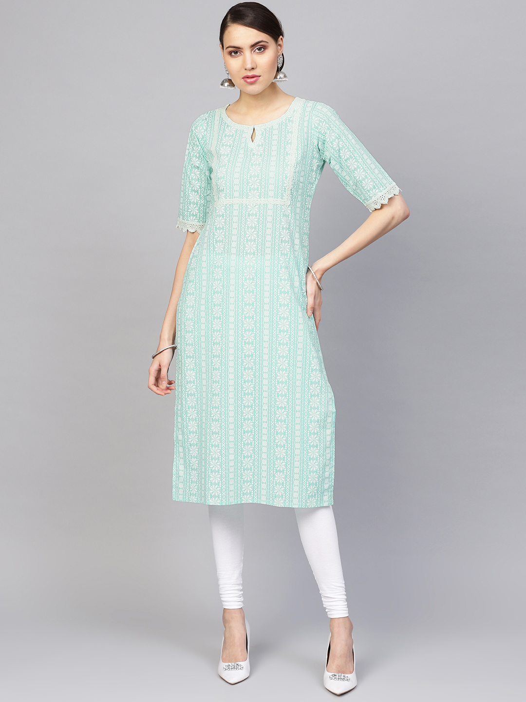 Libas Women Sea Green & White Block Print Straight Kurta Price in India