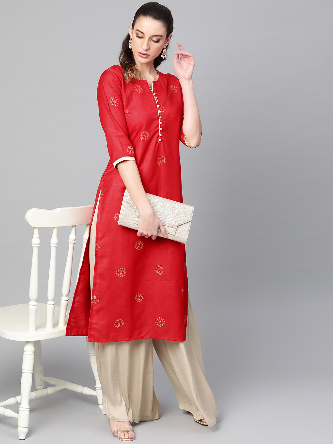 Libas Women Red & Golden Block Print Straight Kurta Price in India