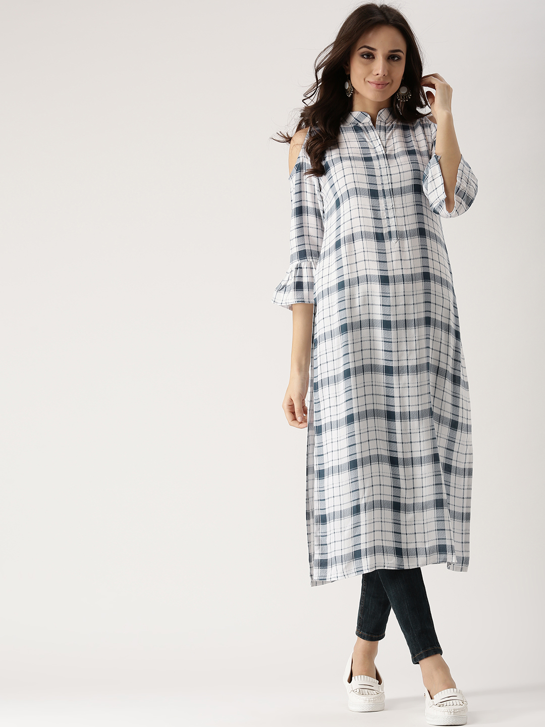 Libas Women White & Navy Blue Cold Shoulder Checked Straight Kurta Price in India