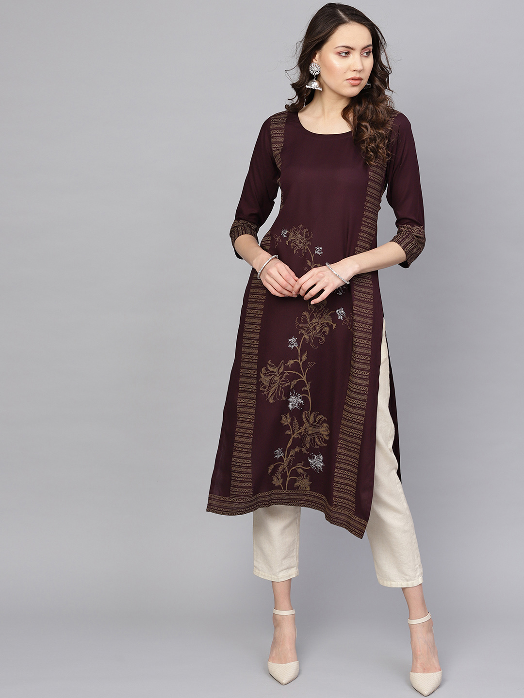 Libas Women Aubergine & Brown Block Print Straight Kurta Price in India