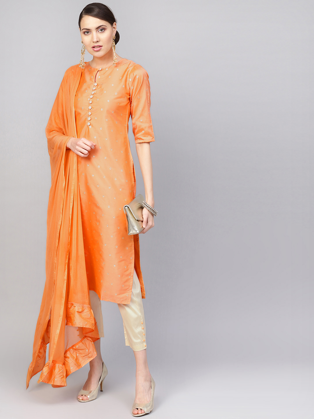 Libas Women Orange & Beige Embroidered Kurta with Trousers & Dupatta Price in India