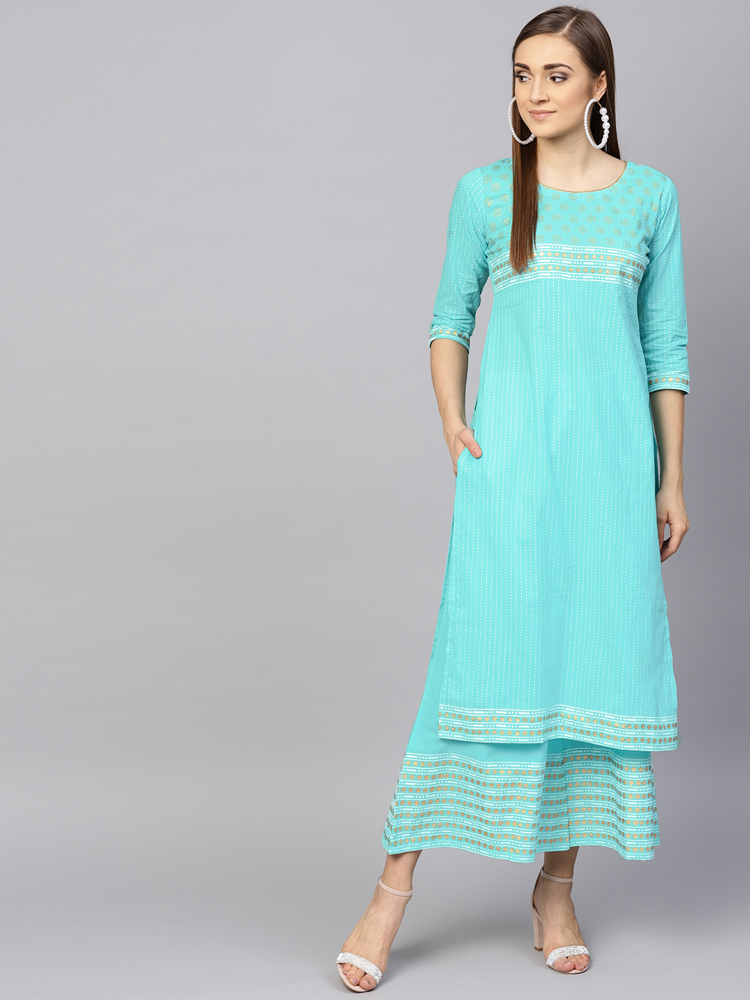 Libas Women Turquoise Blue Striped Kurta with Palazzos Price in India