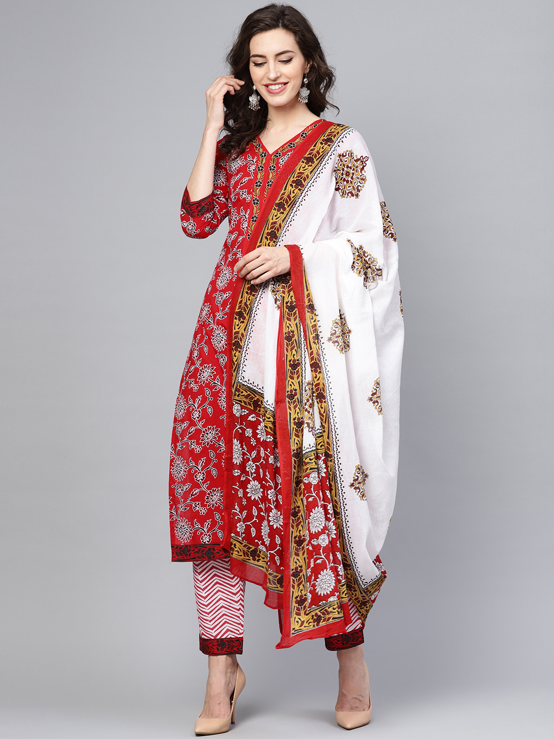Libas Women Red & White Block Print Kurta with Trousers & Dupatta Price in India