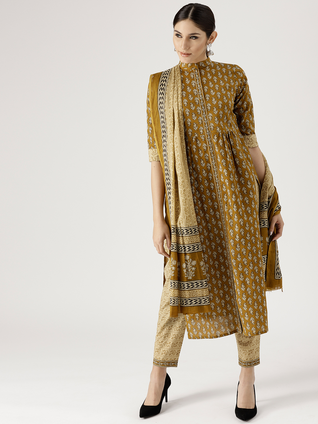 Libas Women Olive Green & Beige Printed Kurta with Trousers & Dupatta Price in India