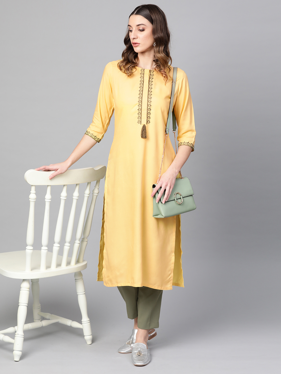 Libas Women Yellow Yoke Design Straight Kurta Price in India