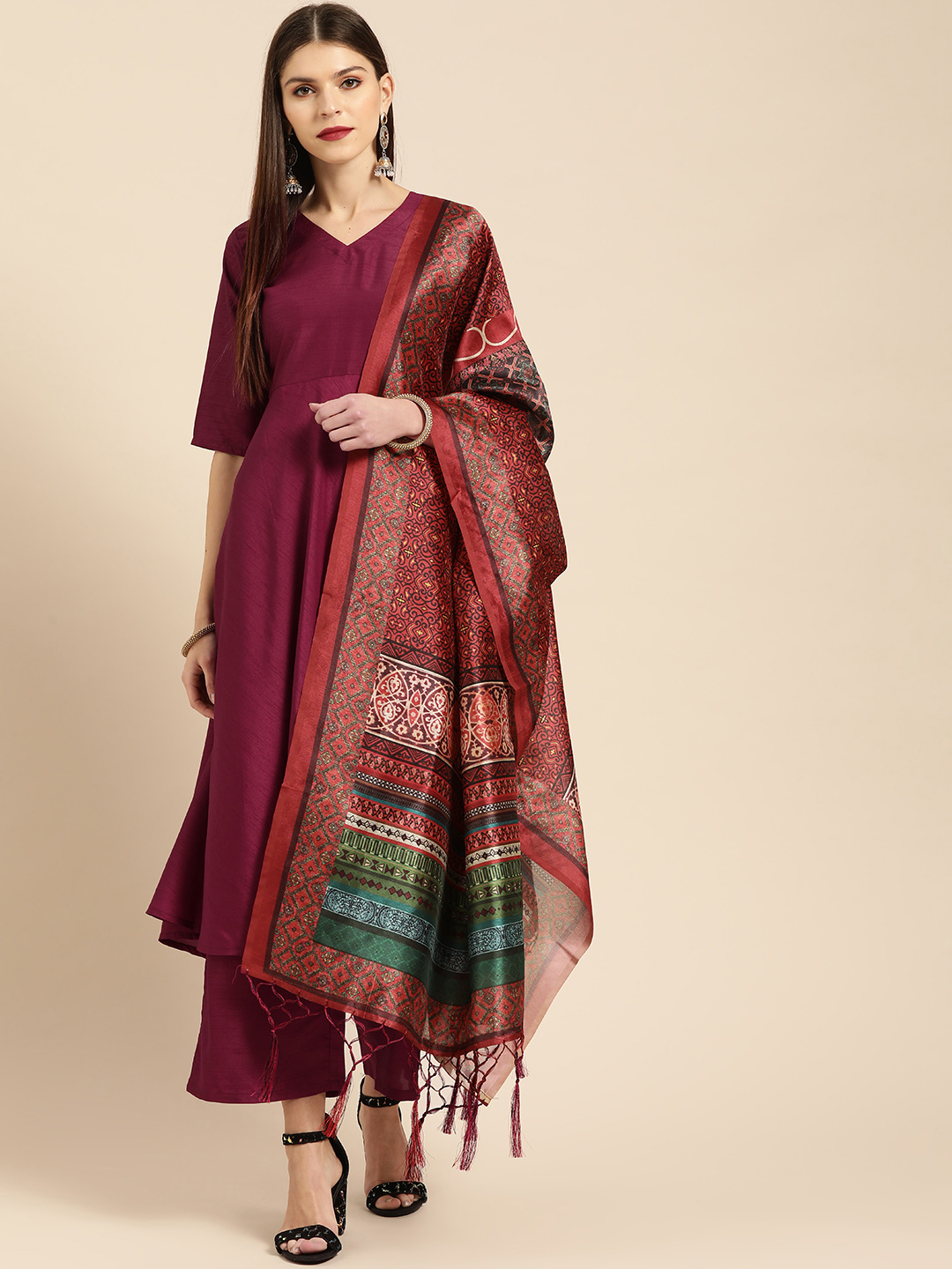 Libas Women Burgundy Solid Anarkali Kurta with Palazzos & Dupatta Price in India