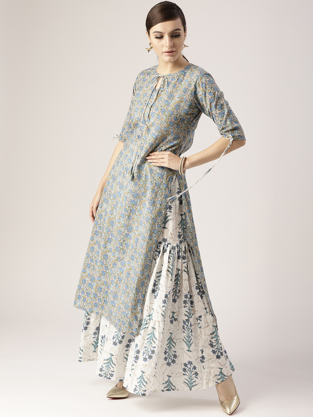 Libas Women Grey & Blue Printed Kurta with Skirt Price in India