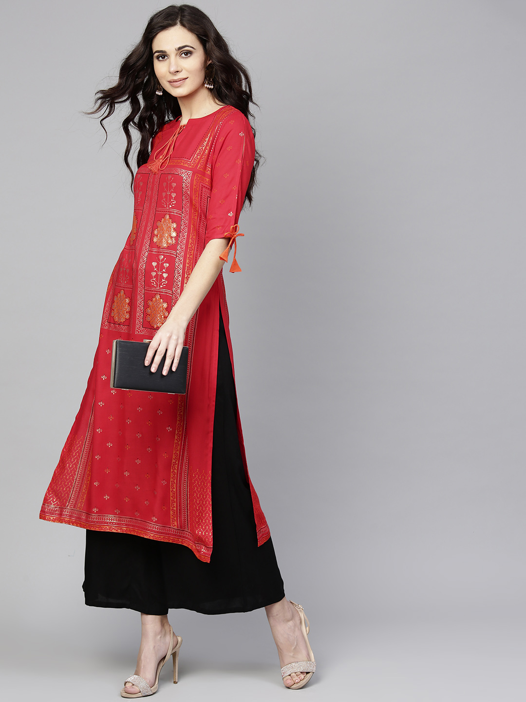 Libas Women Red & Golden Block Print Straight Kurta Price in India