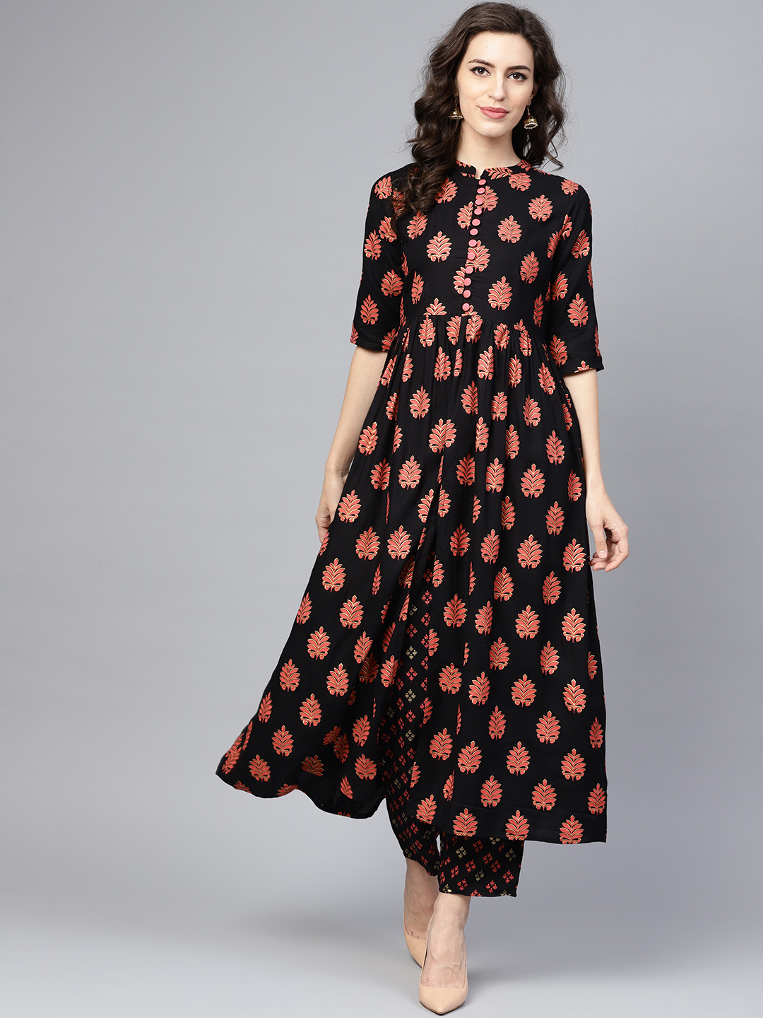 Libas Women Black & Peach-Coloured Block Print Kurta with Trousers Price in India