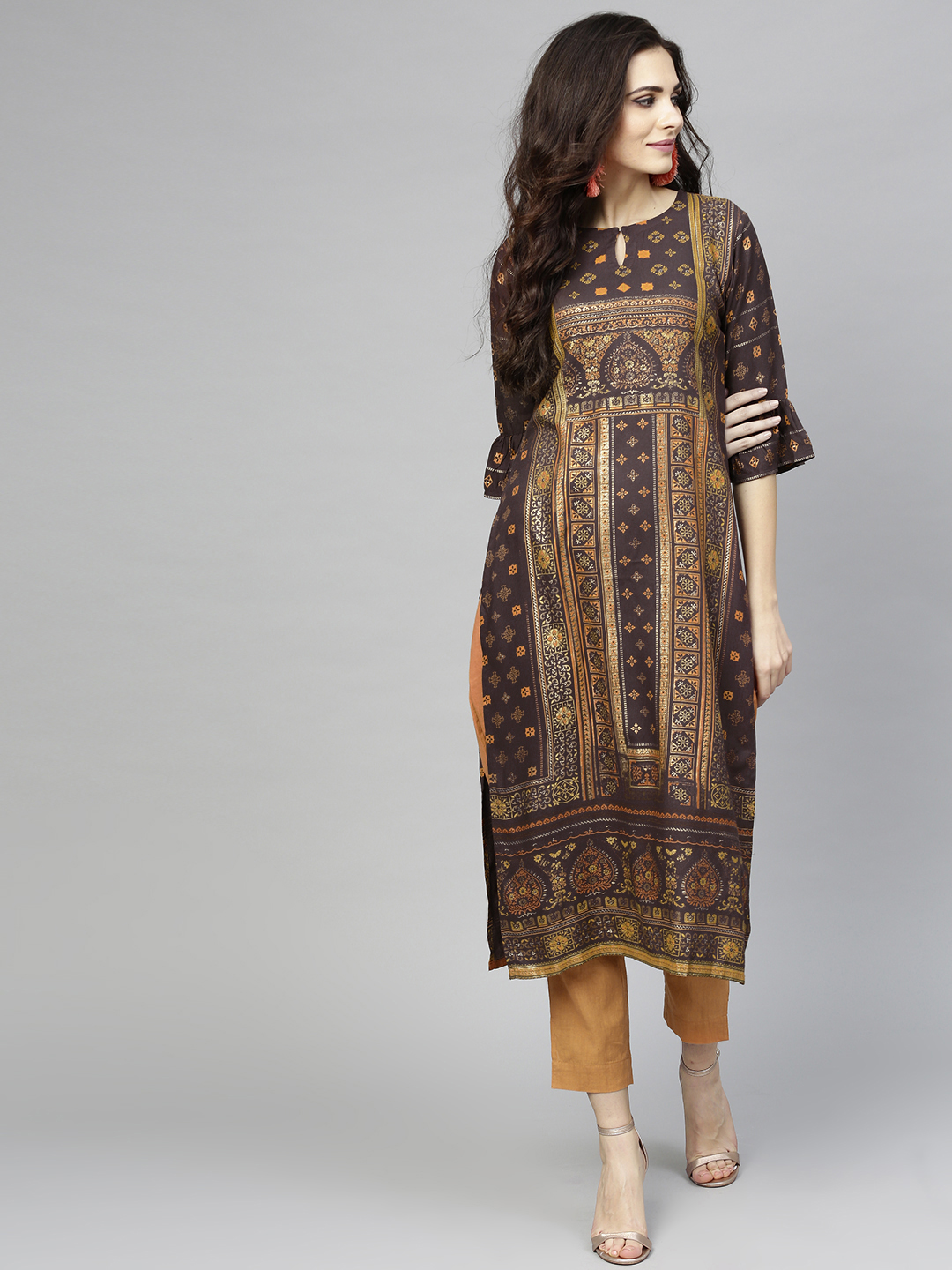 Libas Women Brown & Orange Printed Straight Kurta Price in India