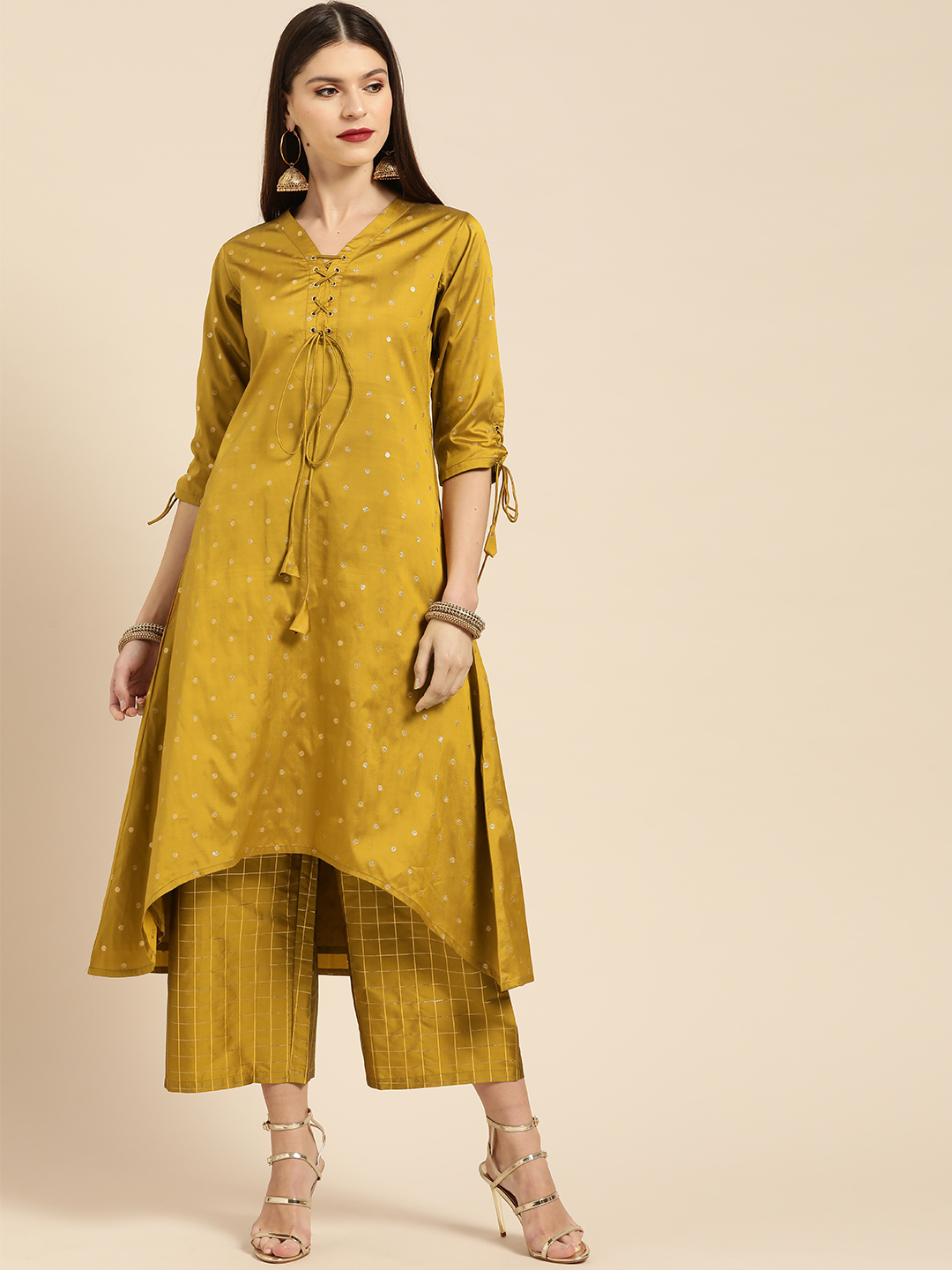 Libas Women Mustard Yellow & Golden Woven Design Kurta with Palazzos Price in India