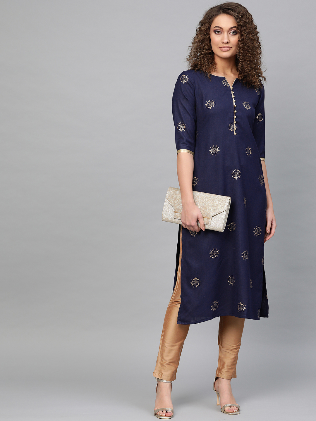 Libas Women Navy & Golden Block Print Straight Kurta Price in India