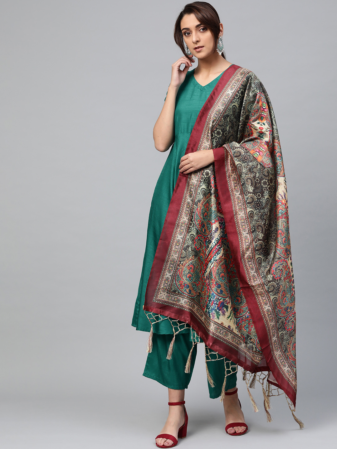 Libas Women Green & Beige Solid Empire A-Line Kurta with Palazzos & Dupatta Price in India
