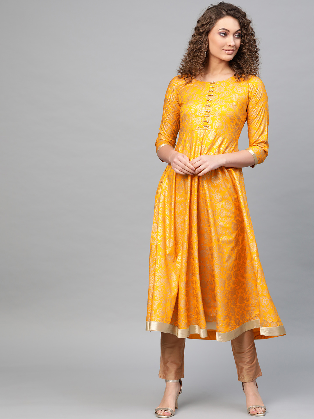Libas Women Mustard Yellow & Golden Block Print Anarkali Kurta Price in India