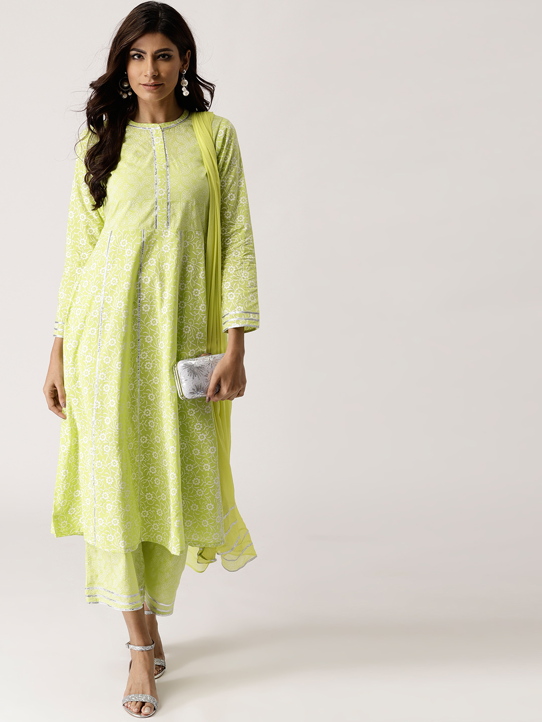 Libas Women Green & White Printed Kurta with Palazzos & Dupatta Price in India