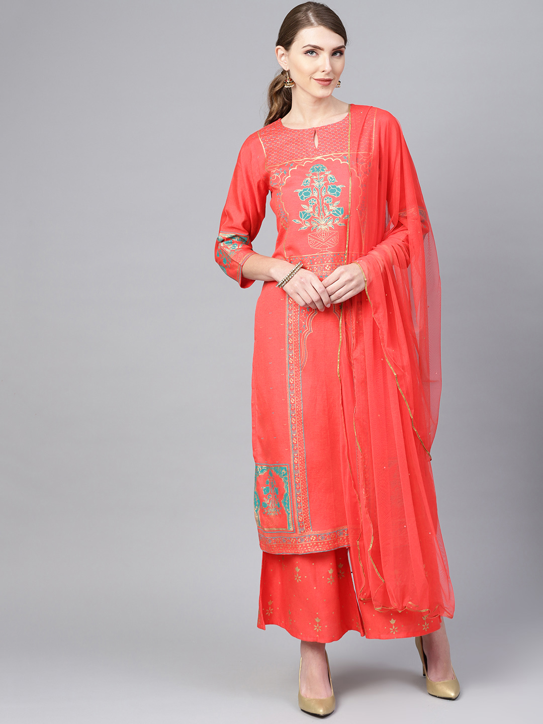 Libas Women Coral Red & Golden Printed Kurta with Palazzos & Dupatta Price in India