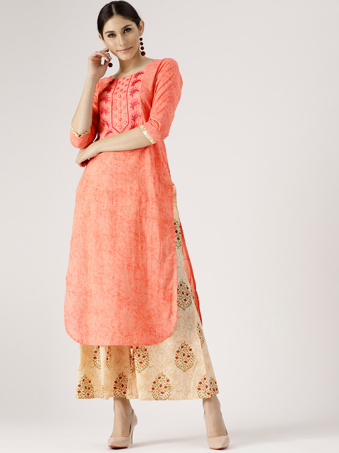 Libas Women Peach-Coloured & Beige Printed Kurta with Palazzos Price in India